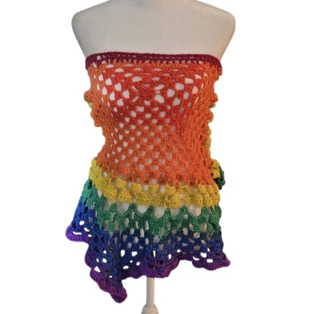 Rainbow Crochet Head Cover Bandana Prayer Wrap OOAK 14-in-1 Handmade Grannycore - Picture 13 of 17